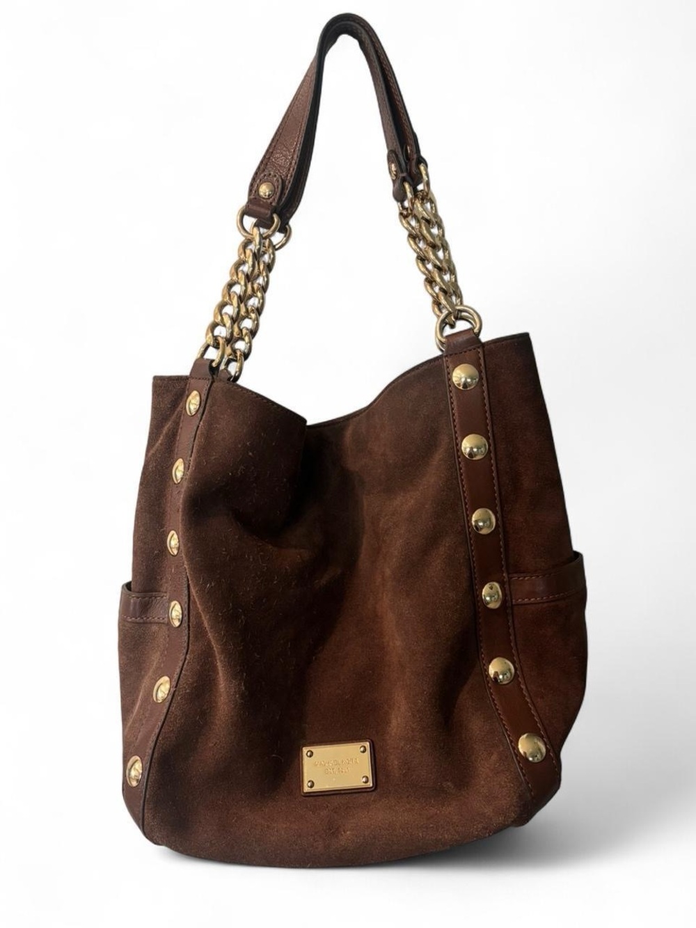 Michael Kors Brown Suede Shoulder Bag with Gold Chain Accents